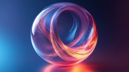 Fototapete - A large, glowing, colorful sphere with a blue background. The sphere is surrounded by a bright orange glow, giving it a sense of movement and energy. The blue background adds a sense of depth