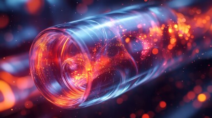 Fototapete - Abstract transparent glass capsule with concentric pulsating lines on a fluid metallic background, 3D rendering illustration