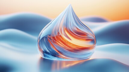 Fototapete - Abstract transparent glass droplet with floating ribbon-like lines on a high-resolution misty background, 3D rendering illustration of futuristic abstract