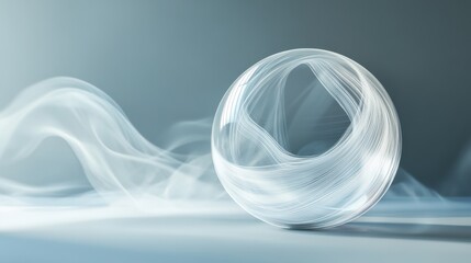 Fototapete - Abstract transparent glass globe with thin refracted lines on a shifting vapor-like background, 3D rendering illustration of futuristic abstract shape