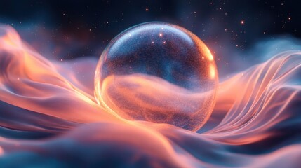 Fototapete - A large, glowing, translucent sphere is floating on a bed of sand. The sphere is surrounded by a hazy, dreamlike atmosphere, with a sense of mystery and wonder