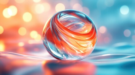 Fototapete - A clear glass ball with red and orange swirls on it. The ball is sitting on a blue surface
