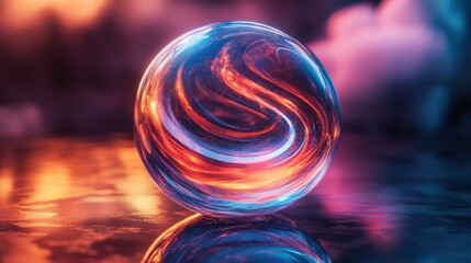 Fototapete - Abstract transparent glass globe with continuous spiraling lines on a deep reflective background, 3D rendering illustration