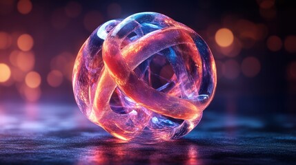 Fototapete - Abstract transparent glass sphere with intertwined lines on a diffuse background, 3D rendering illustration of futuristic abstract shape with holographic element.