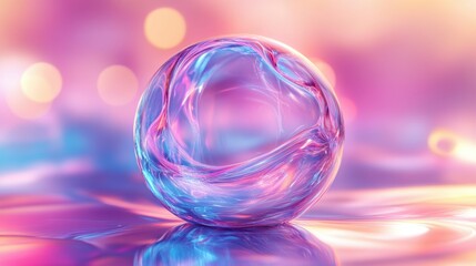 Fototapete - A large, colorful, and shiny ball is floating on a body of water. The water is a mix of blue and purple, creating a vibrant and lively atmosphere. The ball appears to be a symbol of joy and happiness
