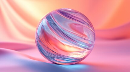 Fototapete - Abstract transparent glass liquid sphere with shifting lines on a gradient background, 3D rendering illustration