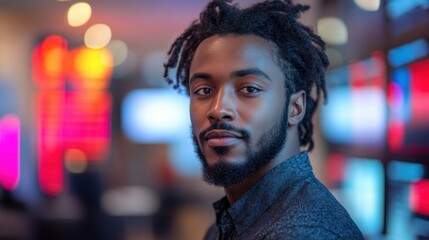 Wall Mural - Portrait of a Young Man with Dreadlocks in a City at Night