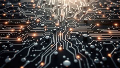 Fototapete - Abstract circuit board with glowing pathways and microchips