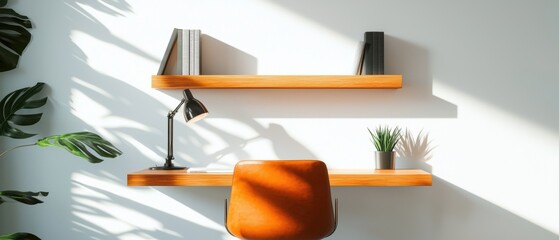 Wall Mural - A wooden desk with a lamp, books, and a plant.