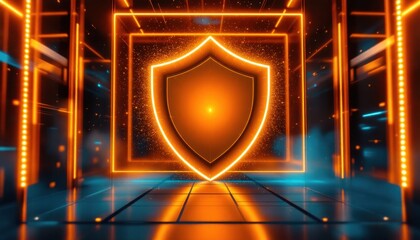 Fototapete - Glowing orange shield in futuristic digital environment with neon frames