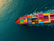 © Khetha - A Cargo Ship Loaded with Multicolored Containers Sailing Across a Deep Navy-Blue Ocean.