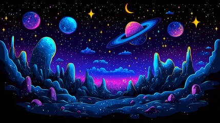Wall Mural - Pixel Art Cosmic Landscape Alien Planet Night Sky Galaxy Starscape