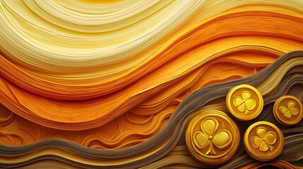 Poster - Abstract golden waves and coin symbols in dynamic layered design
