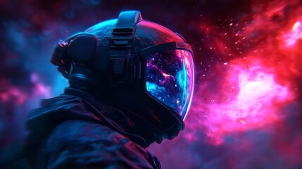 Wall Mural - Cinematic, sci-fi space pilot character design, dark blue and red color gradient, galaxy nebula background.