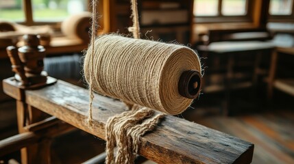 Wall Mural - Rustic Wooden Spool of Twine in Vintage Workshop Environment