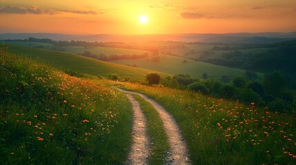 Wall Mural - scenic countryside landscape with winding path and glowing sunrise in rolling hills background
