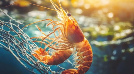 Vibrant Shrimp Caught in Fishing Net Under Bright Sunlight Reflections