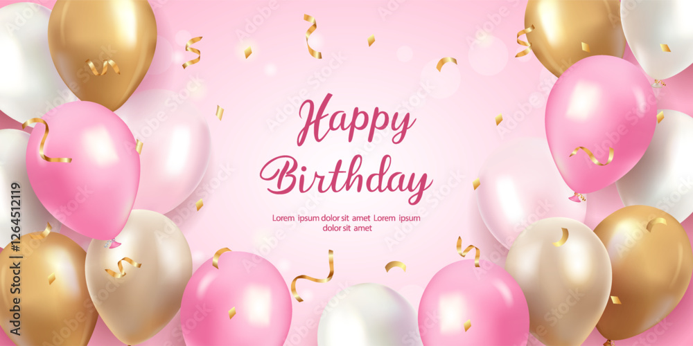 Realistic happy birthday banner with gold, pink and white balloons and ...