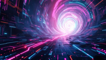 Fototapete - Futuristic neon cyber tunnel with pink and blue lights