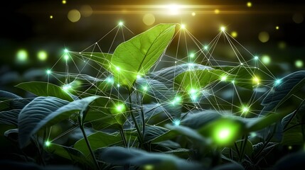 Fototapete - A vast verdant soybean field bathed in soft golden sunlight and enhanced by a mesmerizing array of floating data points symbolizing the harmonious fusion of nature and advanced technology