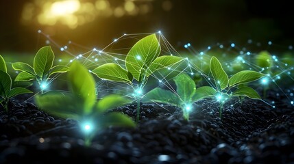 Poster - An endless expanse of lush soybean plants with shimmering luminescent data points scattered throughout evoking the beauty and potential of smart farming and technological innovation