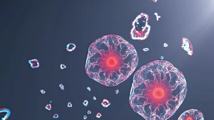Poster - Microscopic view of floating biological cells with translucent membranes and red nuclei