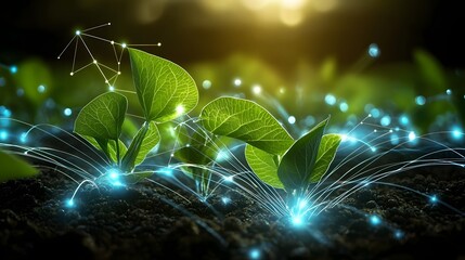Fototapete - Breathtaking aerial perspective of an expansive green soybean field with radiant floating data points creating a visually stunning representation of the modern