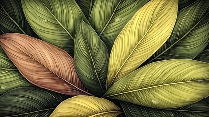 Poster - Lush and vibrant tropical leaves and foliage with delicate dew droplets creating a refreshing botanical background with a mix of rich green yellow and brown hues and soft glowing highlights