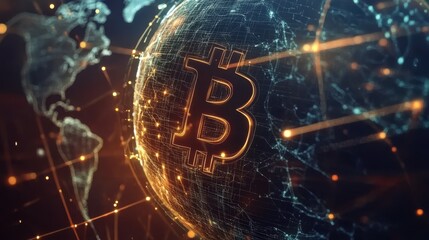 Poster - blockchain technology futuristic hud background with world globe and blockchain polygon peer to peer