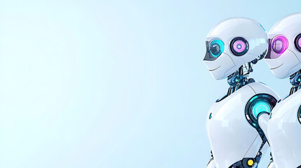 Poster - Futuristic Robots Standing Side by Side with Neon Eyes and Smiling Faces on Light Blue Gradient Background