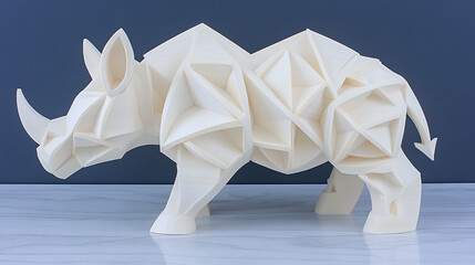Poster - Geometric Art Sculpture of a Rhinoceros Made from Wood with Low Poly Style in a Studio Setting