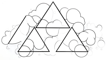 Poster - Geometric Mountain Cloudscape Four Bold Triangles in a Sky of Bubbles and Cirrus Shapes
