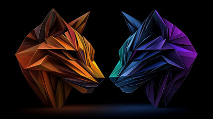 Poster - Geometric Wolves Facing Each Other Colorful Faceted Low Poly Illustration on Black Background