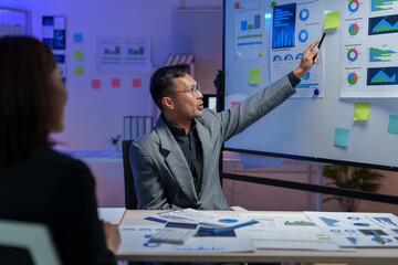 Wall Mural - Asian businessman points to charts and graphs on a whiteboard, explaining marketing data to a female colleague during a late-night meeting in a modern office