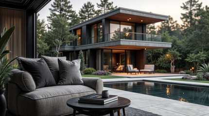 Wall Mural - a black couch is in front of a house with a pool