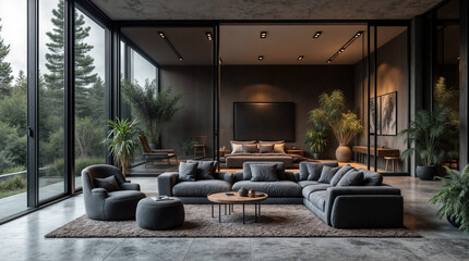 Wall Mural - a black couch is in front of a house with a pool