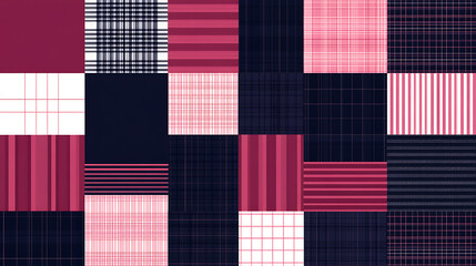 Poster - Harmonious Patchwork of Plaid and Striped Squares in Tones of Crimson and Dark Navy Pattern Design