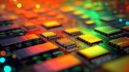 Poster - Vibrant 3D render of a circuit board with server code, featuring a dynamic abstract technology background in shades of orange, green, and blue with bokeh highlights