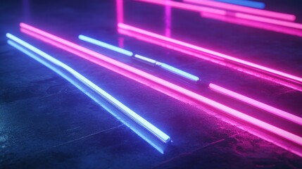 Poster - close-up view of a circuit board with neon gradient lines in blue and pink on a dark background