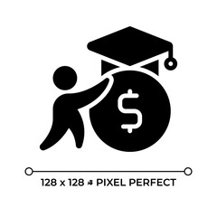 Wall Mural - Student loan pixel perfect black glyph icon. College fund. Credit debt. Education, graduation. Finance management. Silhouette symbol on white space. Solid pictogram. Vector isolated illustration