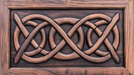 Poster - Intricate Wooden Carving Panel Knot Work Design with Symmetrical Interwoven Pattern and Frame