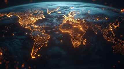 Poster - 3d world map with glowing continents and network lines - global connectivity and communication concept.