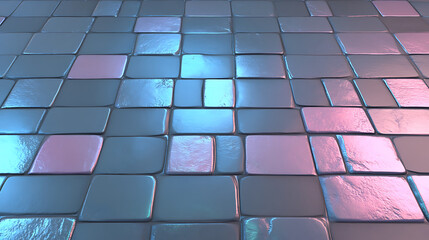 Poster - Iridescent Tiled Floor Reflecting Blue and Pink Light in a Stylish Modern Design Environment