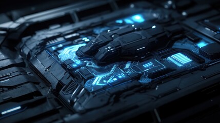 Poster - futuristic electronic circuit board with glowing blue wires and microchips in a dark background, abstract electronics, futuristic technology