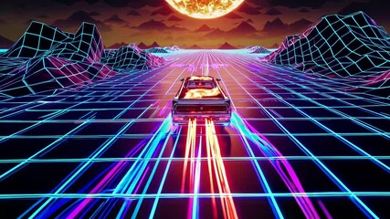 Leinwandbilder - Retro-futuristic cyber driving on a neon grid road. 