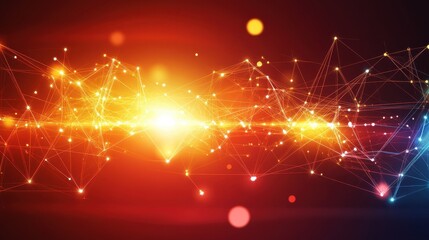 Poster - Abstract red background with connecting dots and lines. Network, technology, science, and communication concept.