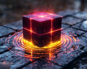 Poster - neon cube speaker levitating and radiating multicolor light ripples immersive sound concept