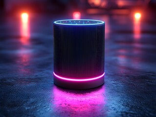 Poster - Sleek Futuristic Neon Tower Speaker with Pulsating Lights and Floating LED Panels