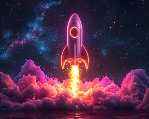 Poster - Neon Rocket Speaker Blasting Glowing Soundwaves into Starry Sky Conceptual Futuristic
