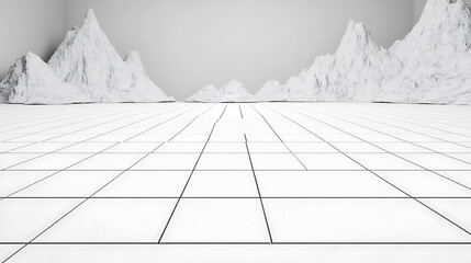Poster - Minimalist Landscape with White Mountains and Geometric Floor Design for Architectural Visualization